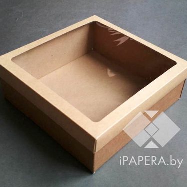 Крафт-коробка с окном 25*25*11 см (дно из микрогофры)