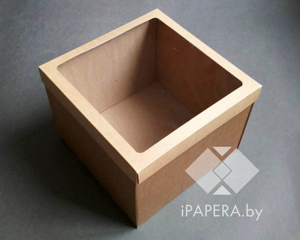 Крафт-коробка с окном 25*25*15 см (дно из микрогофры)