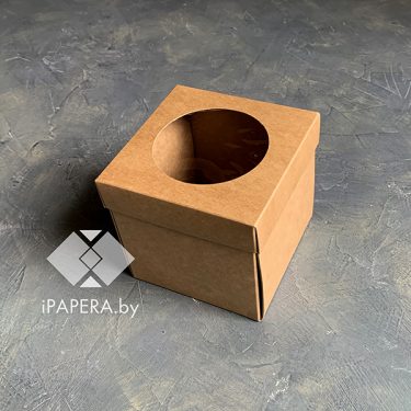 Коробка "Крафт с круглым окном" 10*10*10 см (крафт дно)