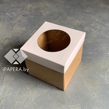 Коробка "Белая с круглым окном" 10*10*10 см (крафт дно)