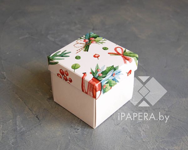 Коробка "Новогоднее настроение" 7*7*7 см (белое дно)