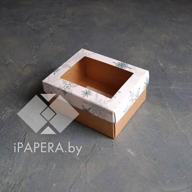 Коробка "Акварельные снежинки с окном" 10*8*5 см (крафт дно)