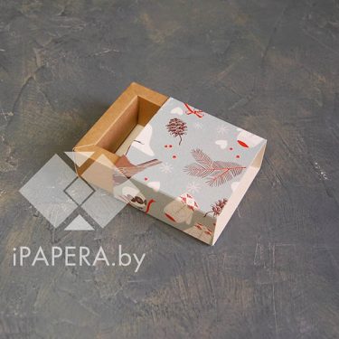 Коробка-пенал "Снегири" 5*5*3 см с фальшбортом (крафт дно)