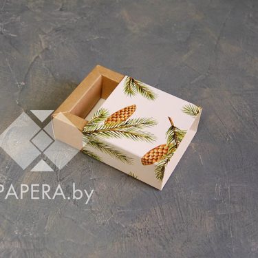 Коробка-пенал "Еловые ветки" 5*5*3 см с фальшбортом (крафт дно)