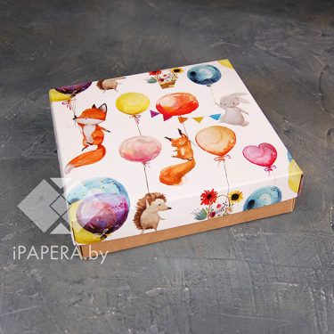 Коробка "Зверята на шариках" 12*12*4 см (крафт дно)