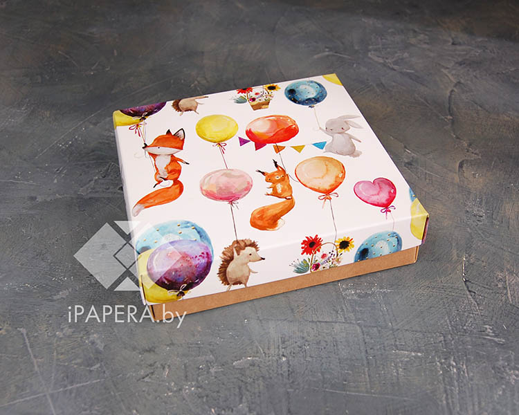 Коробка "Зверята на шариках" 12*12*4 см (крафт дно)