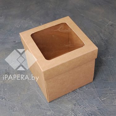 Коробка "Крафт с квадратным окном" 10*10*10 см (крафт дно)