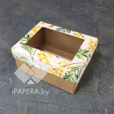 Коробка "Мимоза с окном" 10*8*5 см (крафт дно)