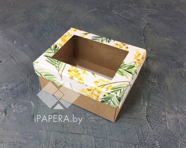 Коробка "Мимоза с окном" 10*8*5 см (крафт дно)