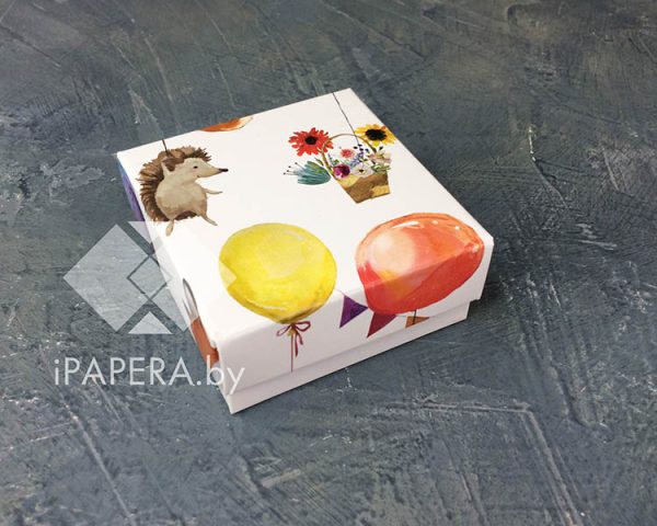 Коробка "Зверята на шариках" 5*5*3 см с фальшбортом (белое дно)