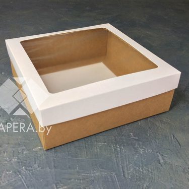 Коробка "Белая с окном" 20*20*7 см (крафт дно)