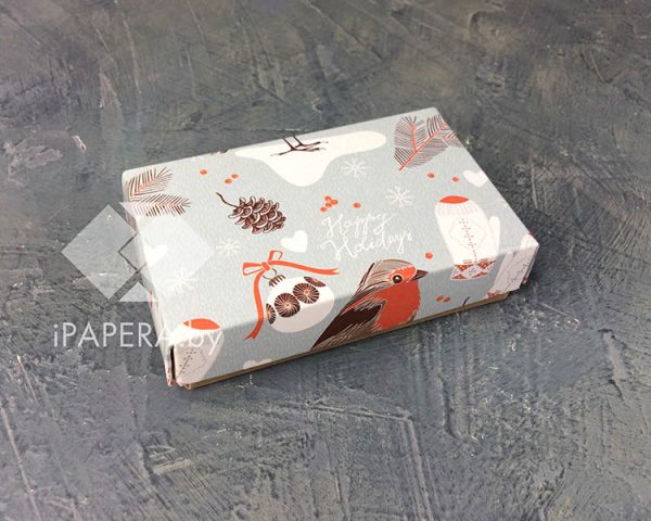 Коробка "Снегири" 10*6*2,5 см (крафт дно)