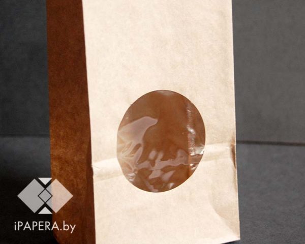 Крафт-пакет без ручек с круглым окном 25х12х8 см, 70г/м2